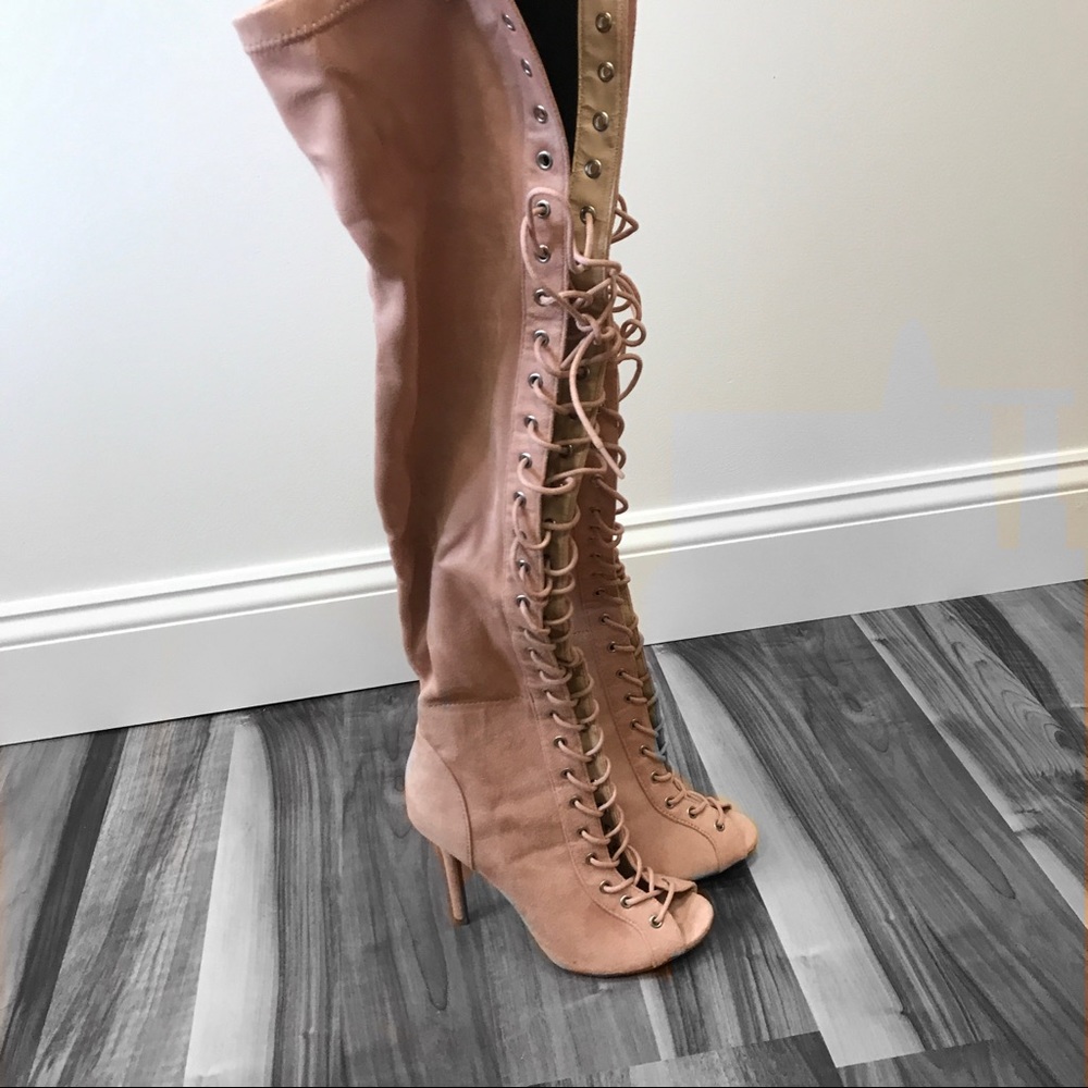 ‼️ Pink Suede Thigh High Lace Up Heel Boots